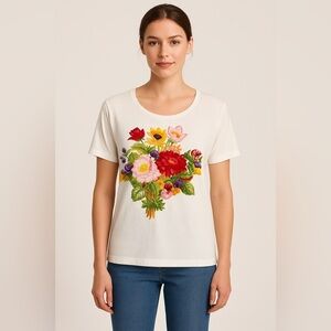 V.I. Petites White Embroidered Floral T-Shirt Women’s Size L (Approx)